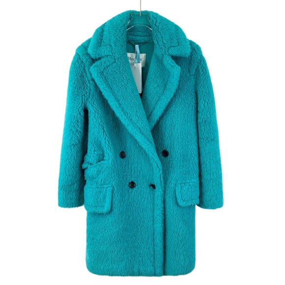 W0419 Maxmara Lake Blue Teddy Alpaca Lapel Double-Breasted Long-Sleeved Coat Jac - Picture 1 of 6